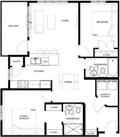 Floor plan for 2 beds, 2 baths, 1145 sqft